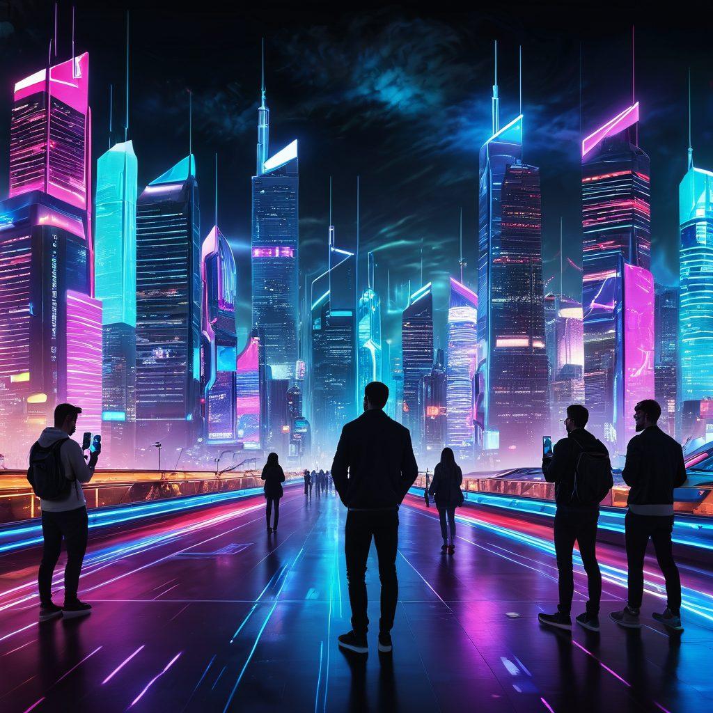 A futuristic landscape featuring a digital city skyline with glowing skyscrapers, augmented reality interfaces, and drones flying overhead. In the foreground, a diverse group of bloggers engaging with various tech gadgets, showcasing holographic displays and wearable technology. The scene is filled with bright neon colors signifying innovation and connectivity, evoking excitement for the future of blogging. vibrant colors. cyberpunk. super-realistic.
