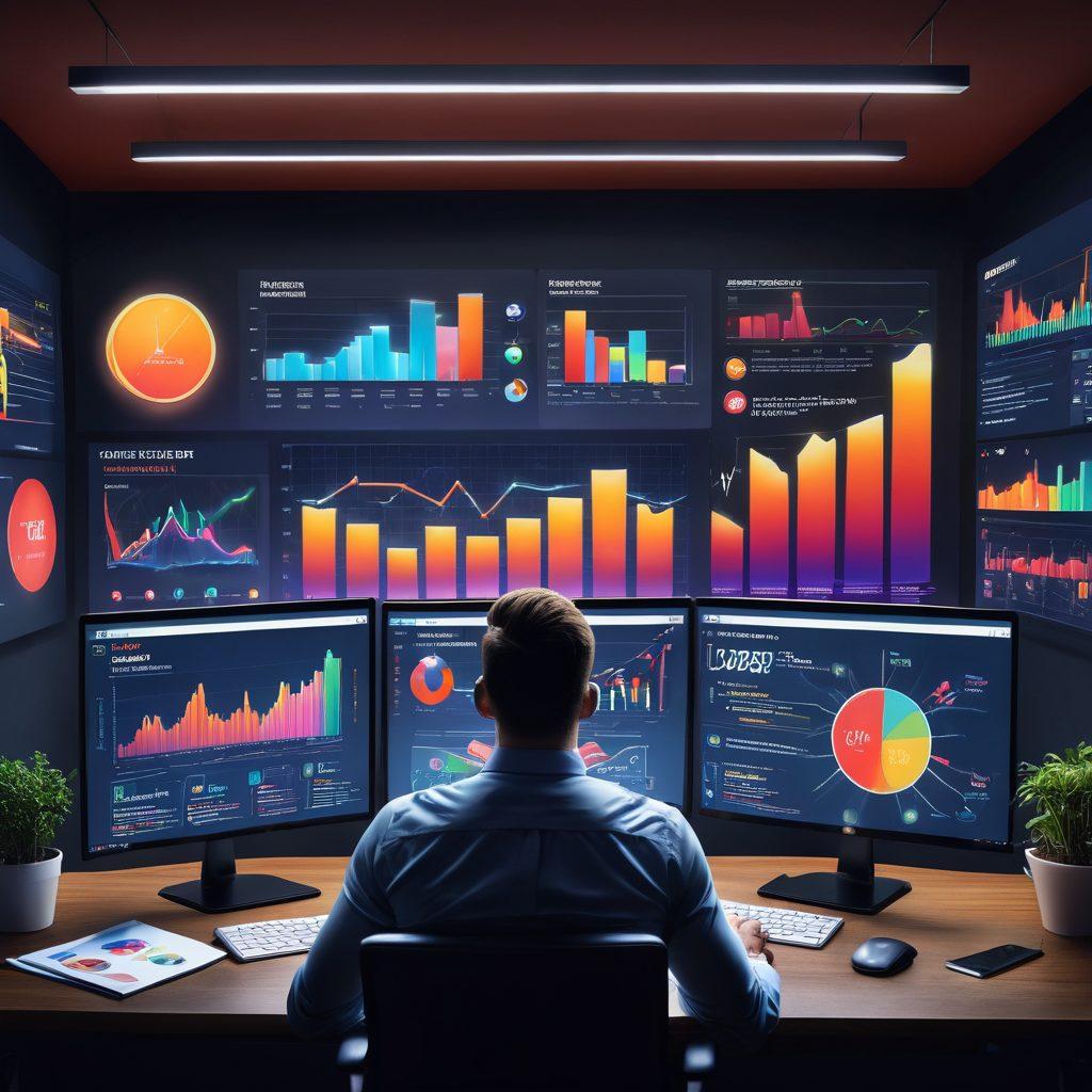 A dynamic scene depicting a digital marketing professional analyzing data on multiple screens displaying graphs, SEO metrics, and social media interactions. Surrounding these screens are elements like a megaphone, social media icons, and colorful marketing collateral. The atmosphere conveys energy and innovation, with lightbulbs representing ideas floating above. super-realistic. vibrant colors. 3D.
