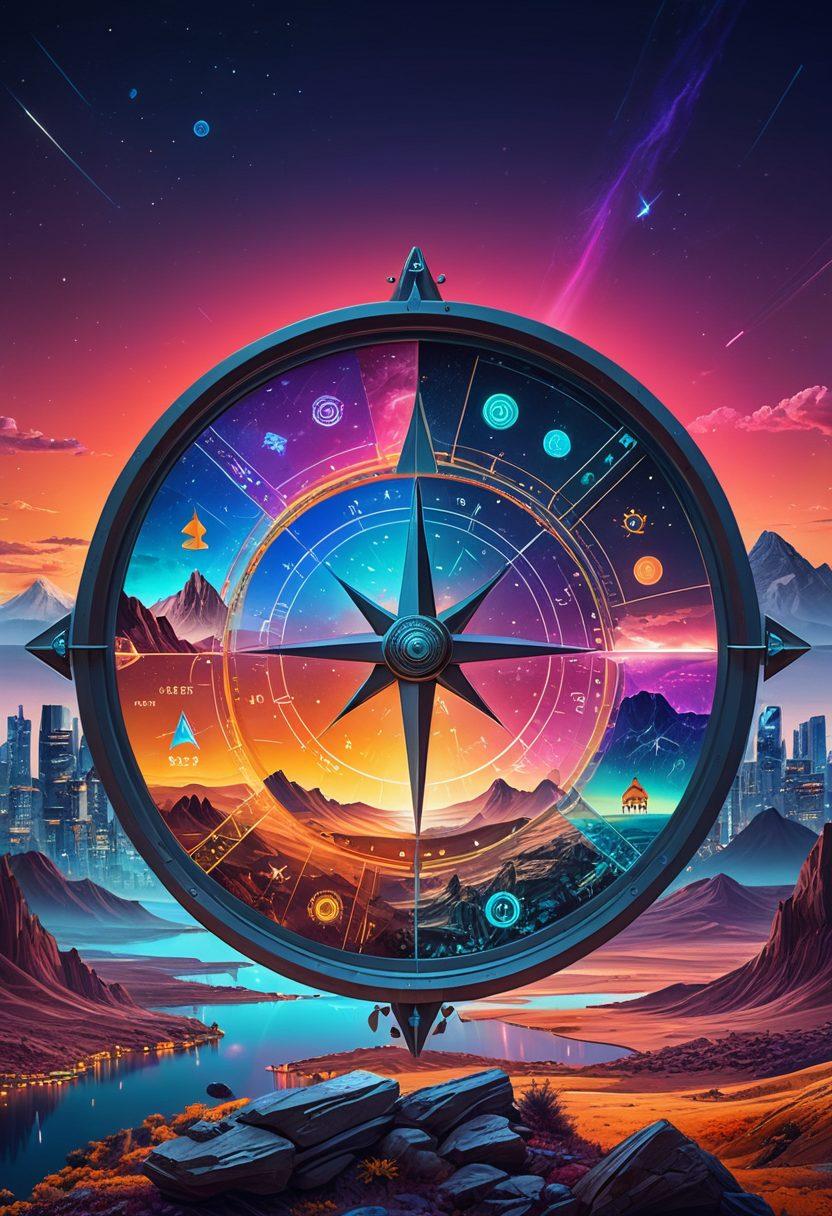 A futuristic landscape featuring a digital roadmap leading towards a glowing horizon, symbolizing SEO progression. In the foreground, various content types like blogs, videos, and infographics are illustrated as colorful icons. The sky is filled with data analytics graphs and algorithm patterns, reflecting the essence of content development. A pair of navigational compasses symbolize guidance and direction. vibrant colors. cyberpunk.